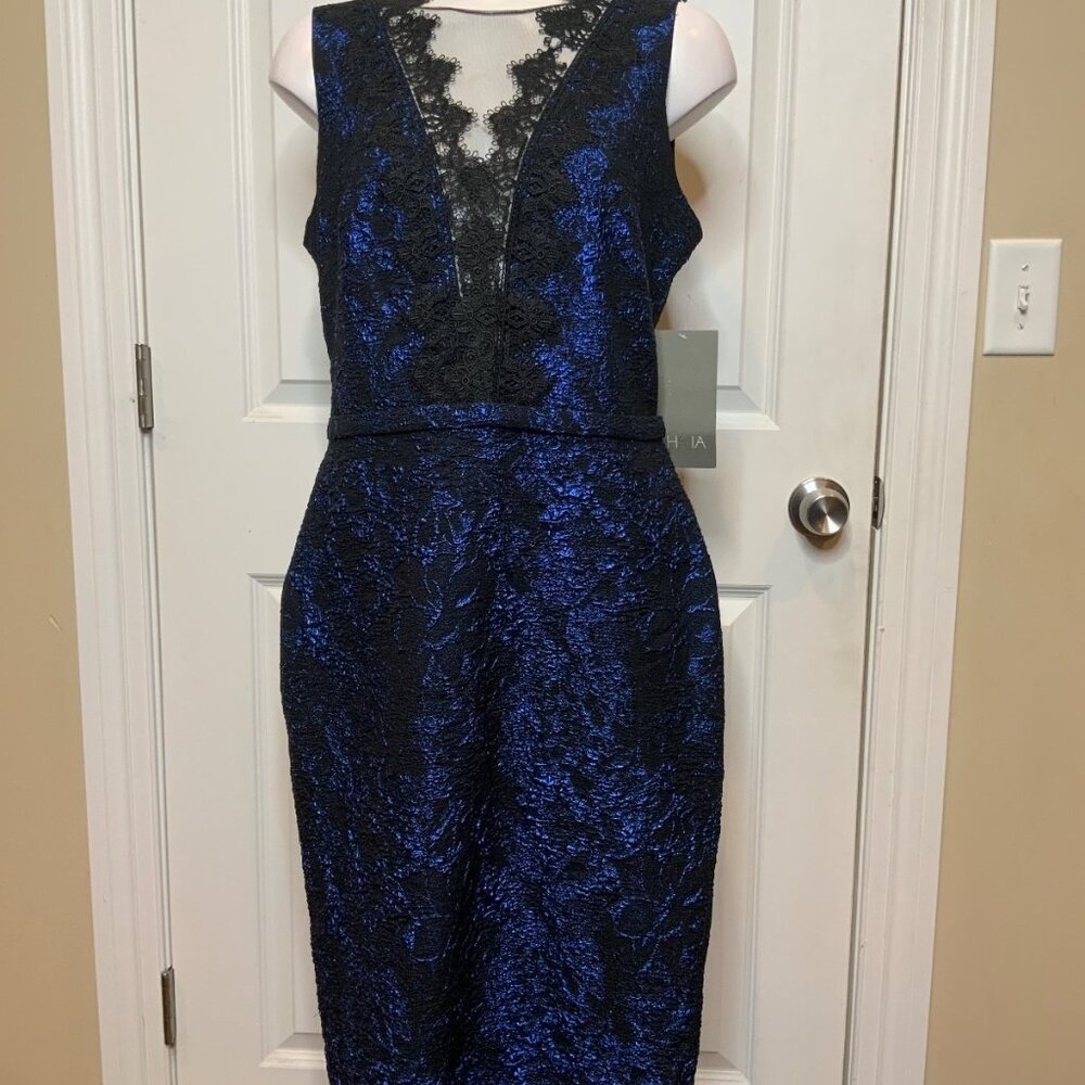 Theia Cobalt Blue Black Lace Jacquard Cocktail Dress NWT $650, Size 10